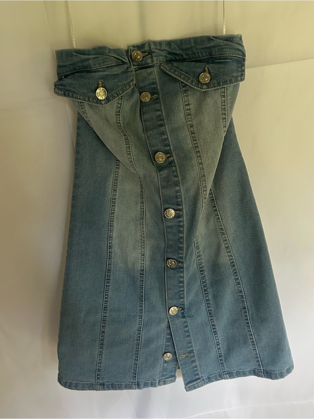 Love Tree blue denim strapless mini dress with button-up front, size S